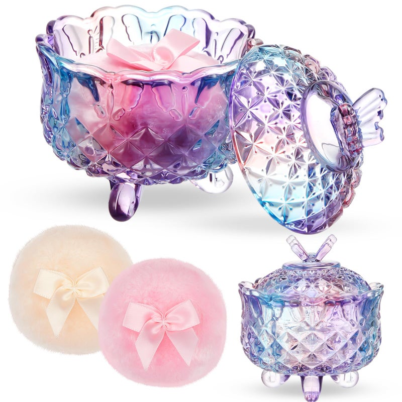 Tioncy 3 Pcs Large Body Powder Puff and Container Powder Container with Puff Powder Puff Crystal Container Soft Washable Reusable Velour Face Body Glitter Powder Puff Wet Dry MakeupButterfly Purple